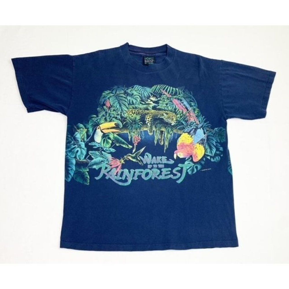 Vintage Habitat Rainforest T-Shirt Large Navy Blue Animals Single Stitch 1994